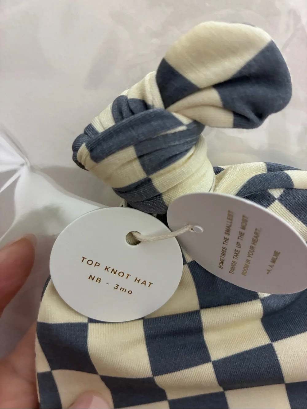 New Lou Lou and Company NB-3 months Miles Top Knot Beanie Hat Checkered Blue